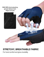 Blue cycling glove with text highlighting features on a white background
