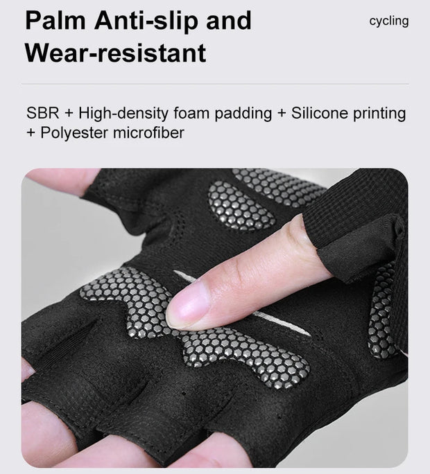 Black cycling glove with anti-slip palm design on a light gray background