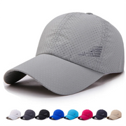 Gray baseball cap with perforated design on a white background, featuring a row of other colored caps below.