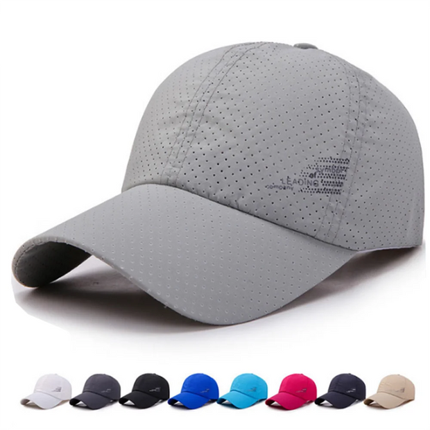 Gray baseball cap with perforated design on a white background, featuring a row of other colored caps below.