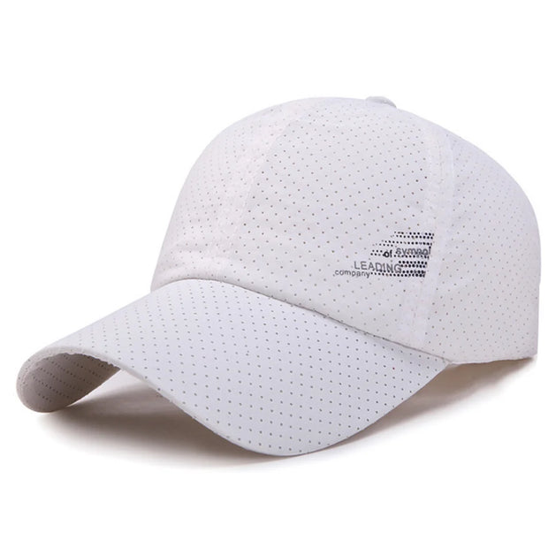 White baseball cap with mesh design on a white background