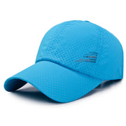 Blue baseball cap with perforated design on a white background
