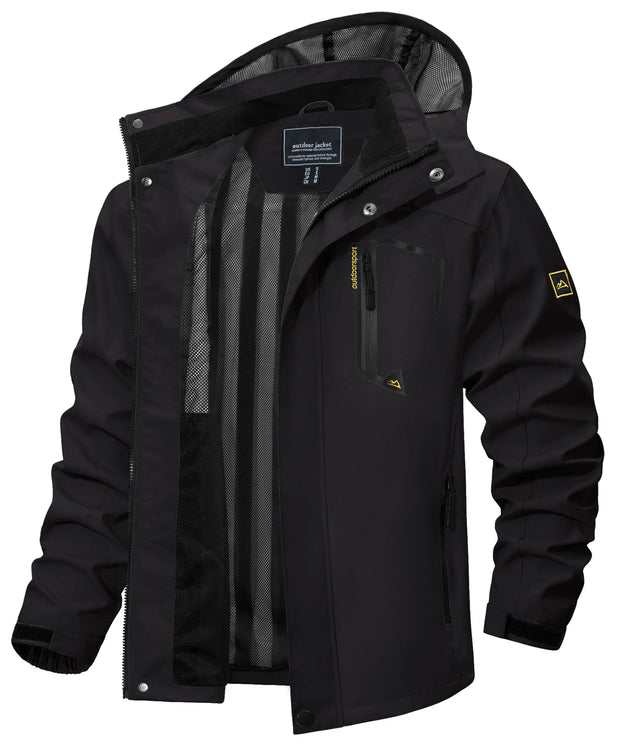 Black jacket with yellow accents on a white background