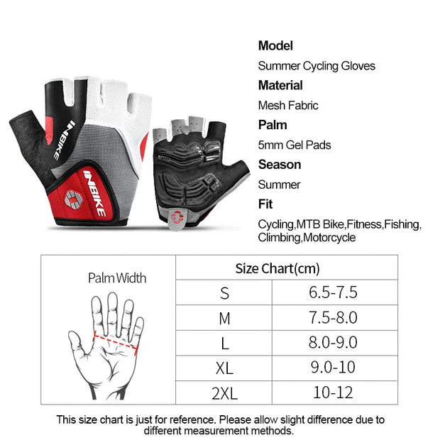 summer cycling gloves with size chart on a white background