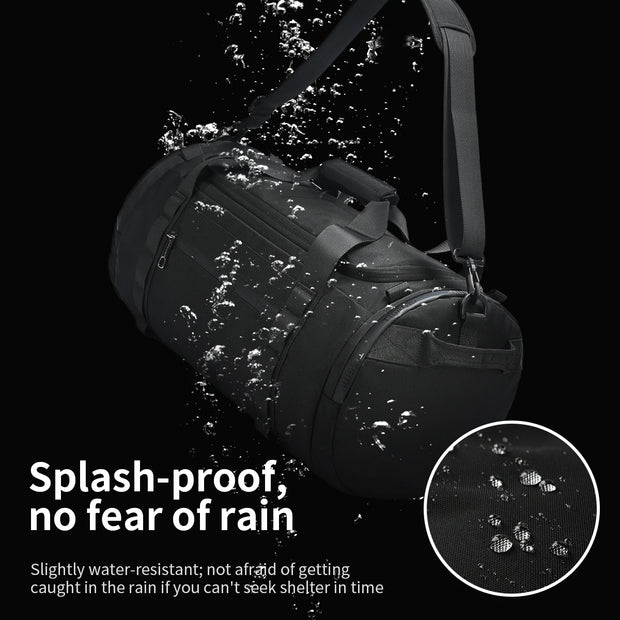 Black duffel bag with water splashes and text indicating splash-proof feature