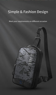 Black sling bag with camouflage pattern on a dark background
