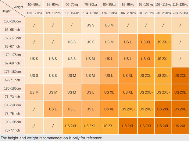 Size chart for clothing based on height and weight
