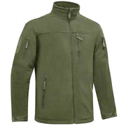 Green tactical jacket with multiple pockets and zippers on a white background