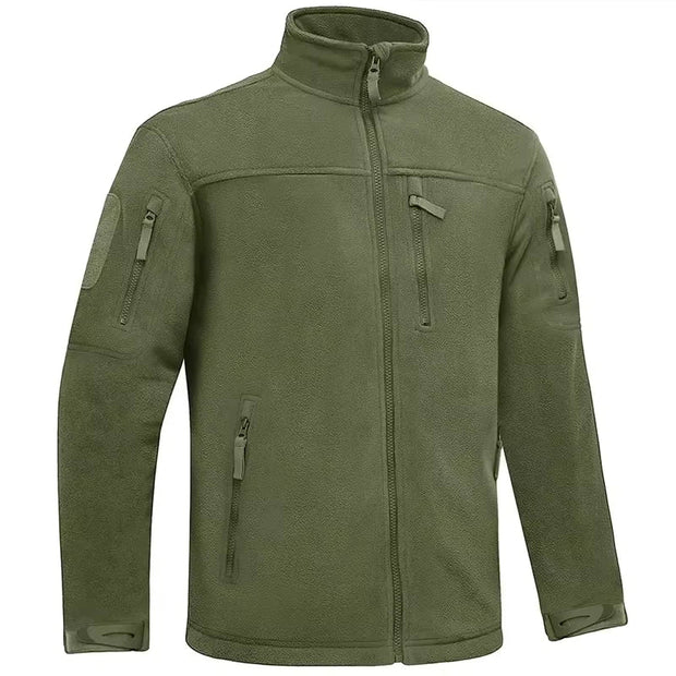Green tactical jacket with multiple pockets and zippers on a white background