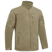 Tan tactical jacket with multiple pockets and zippers on a white background