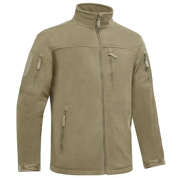 Tan tactical jacket with multiple pockets and zippers on a white background