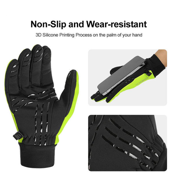 Black and green glove with text highlighting non-slip and wear-resistant properties