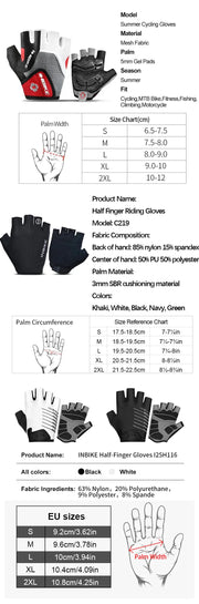 Product details of half finger cycling gloves with size chart and color options.