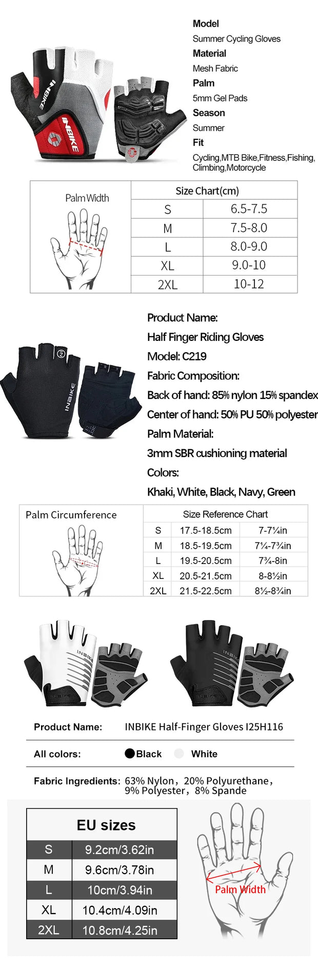 Product details of half finger cycling gloves with size chart and color options.