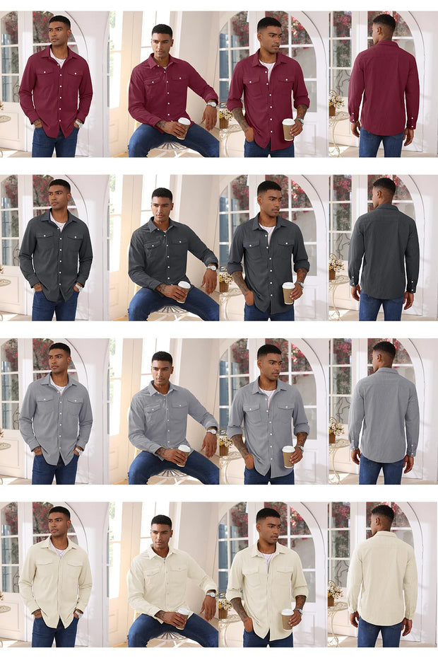 Grid of a man wearing different colored shirts in various settings.