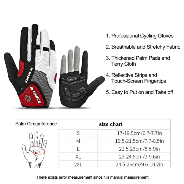 Inbike cycling gloves with features and size chart on a white background
