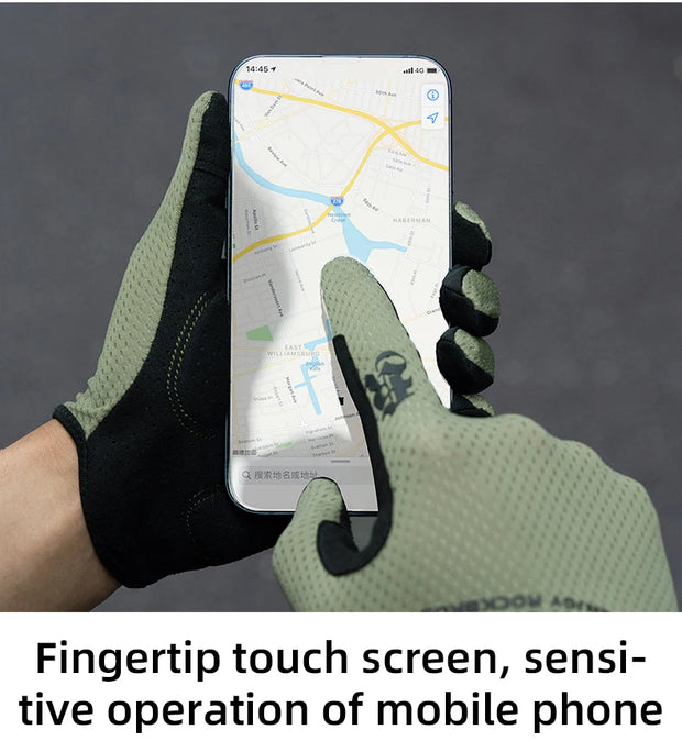 Person wearing gloves using a smartphone with a map app on a dark background