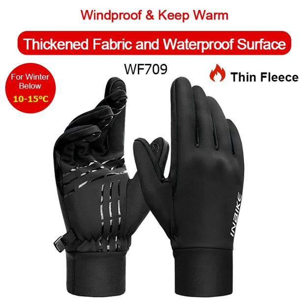 Black winter gloves with text indicating windproof, warm, thick fabric, and waterproof surface.
