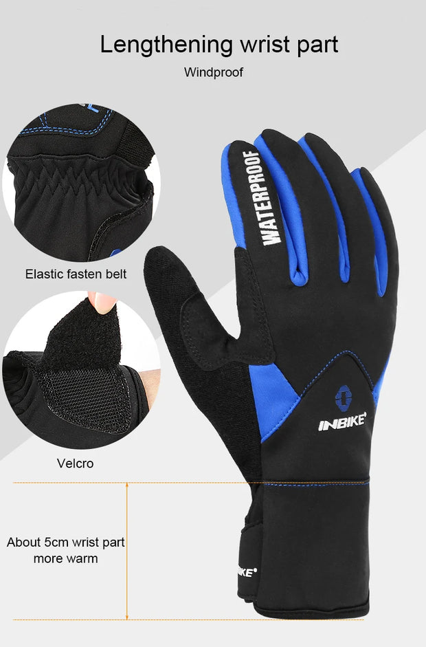 Black and blue gloves with waterproof label, featuring elastic fastener belt, velcro, and windproof properties.