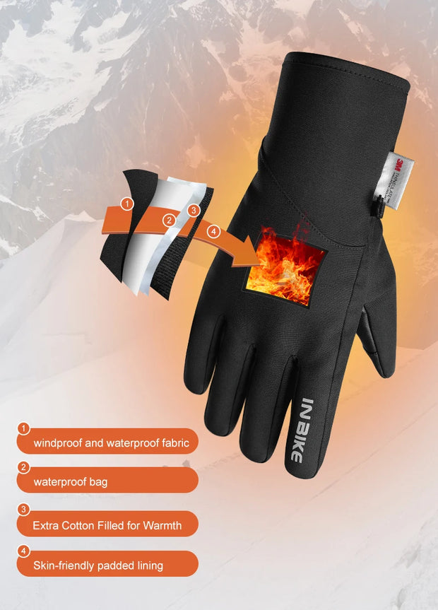 Black heated glove with features highlighted on a mountain background