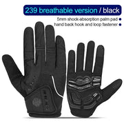 Black gloves with text detailing features on a white background