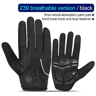 Black gloves with text detailing features on a white background