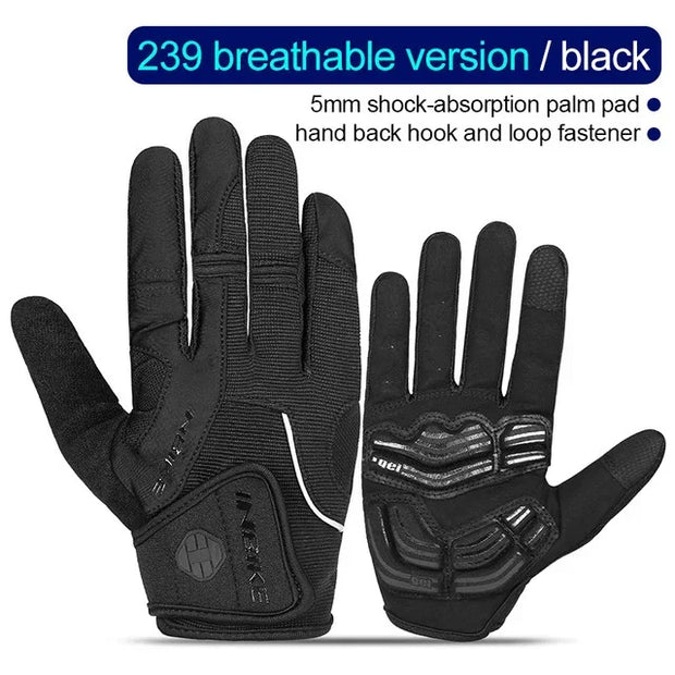 Black gloves with text detailing features on a white background