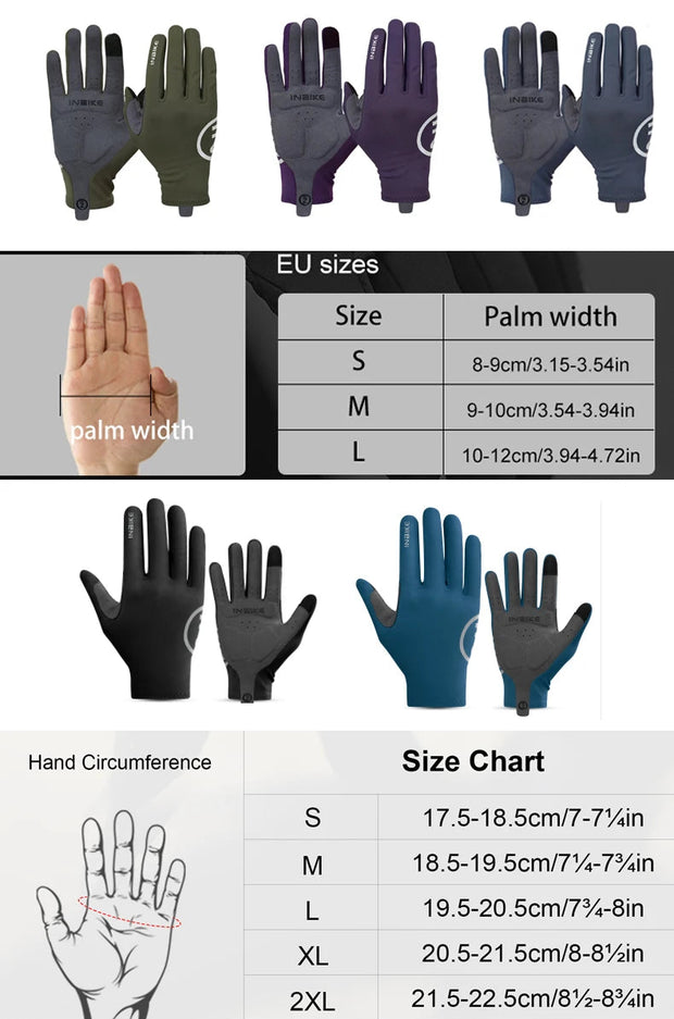 Gloves with size chart showing EU sizes and palm width measurements.