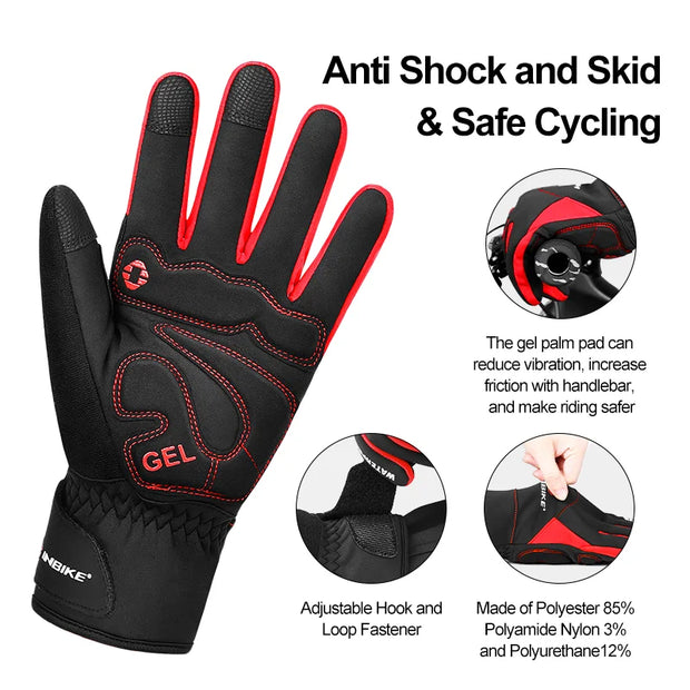 Black and red cycling glove with text highlighting features on a white background