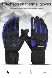 Black and blue touchscreen thermal gloves with mountain background