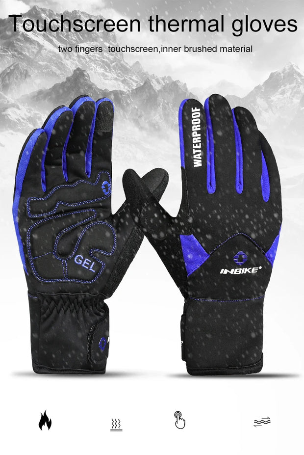 Black and blue touchscreen thermal gloves with mountain background