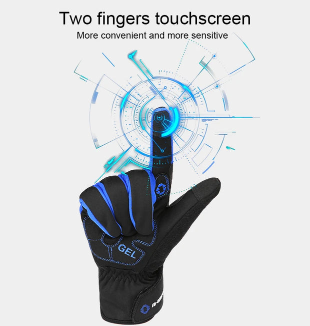 Black touchscreen glove with blue accents on a white background