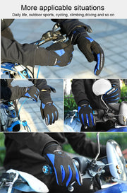 Gloves with blue accents on a motorcycle handlebar, suitable for various activities.