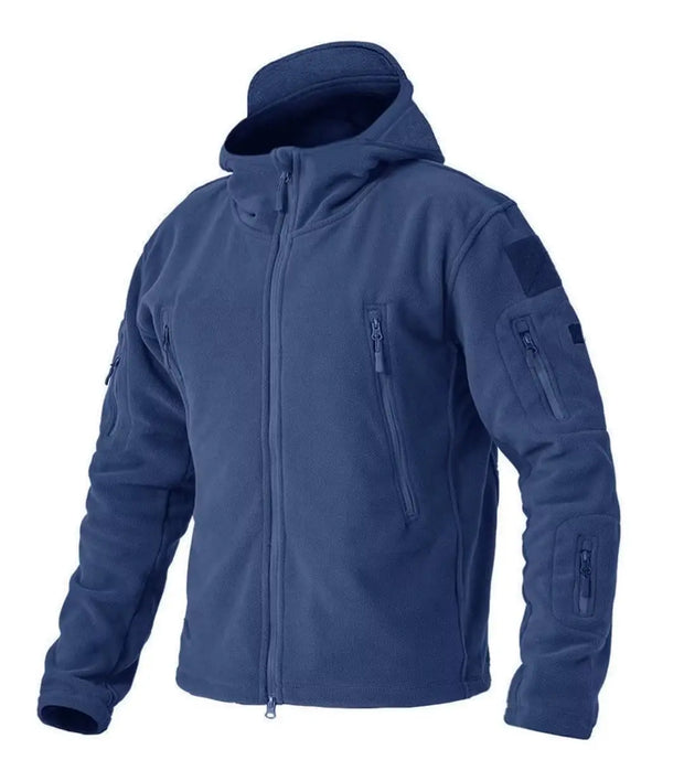 Blue tactical jacket with multiple pockets on a white background