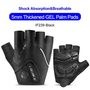 Black cycling gloves with gel palm pads on a white background