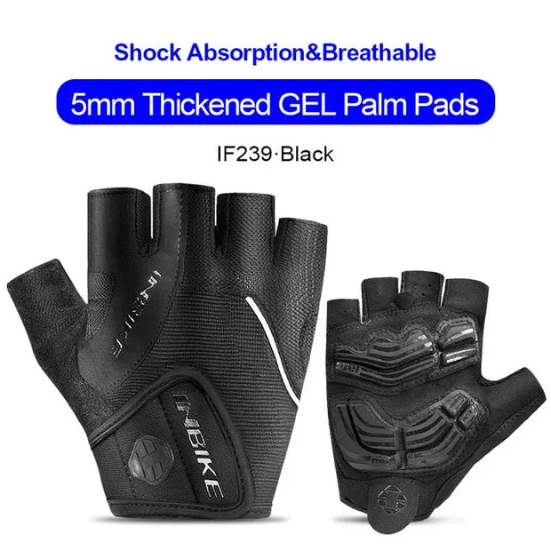Black cycling gloves with gel palm pads on a white background