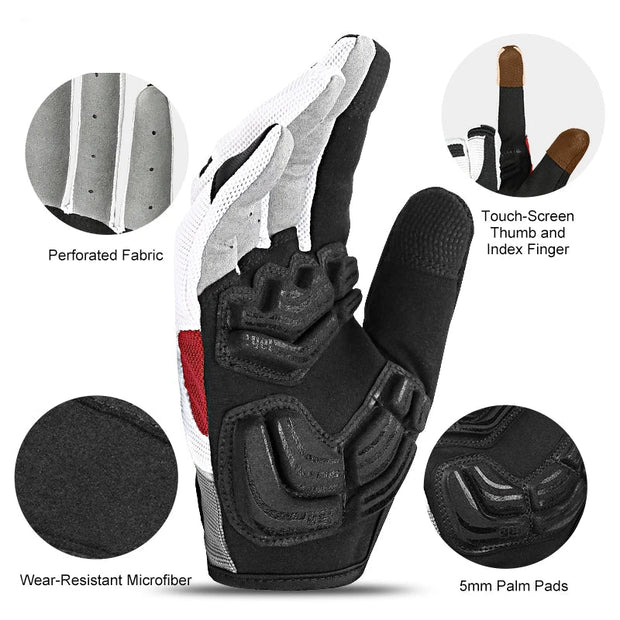 Motorcycle glove with features highlighted on a white background
