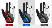 Three pairs of gloves in red, blue, and gray 