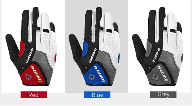 Three pairs of gloves in red, blue, and gray 