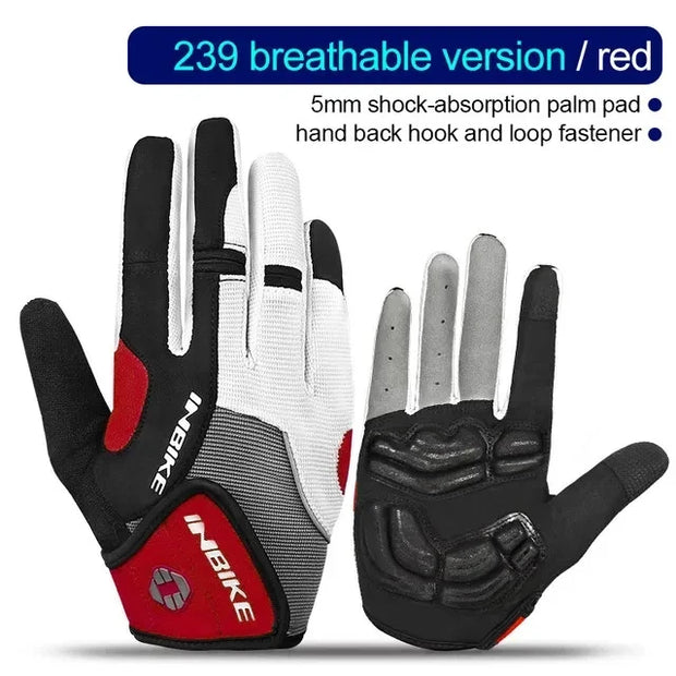 Pair of black, red, and gray gloves with text highlighting features on a white background
