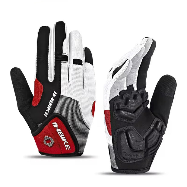 Pair of black, white, and red gloves on a white background