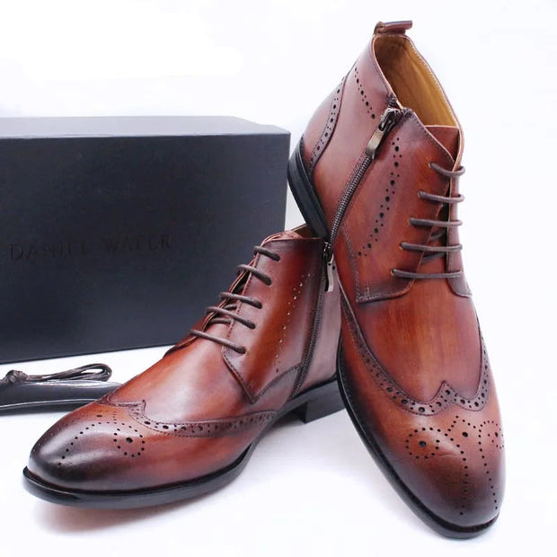Brown leather dress shoes with laces on a white background