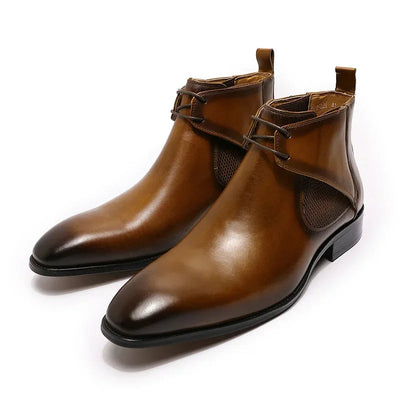 Brown leather boots displayed above them on a white background.