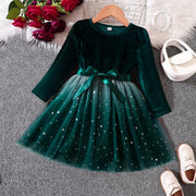 Green velvet dress with star pattern on a textured surface with flowers and shoes.