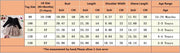 Table with children's clothing size chart showing measurements and age ranges.