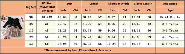 Table with children's clothing size chart showing measurements and age ranges.