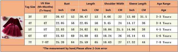 Size chart for children's dresses with measurements and age ranges.