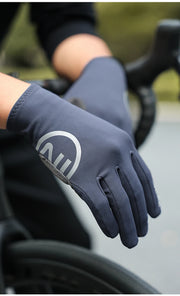 Gray gloves with a logo on a blurred background