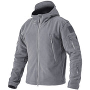 Gray tactical jacket with multiple pockets and zippers on a white background