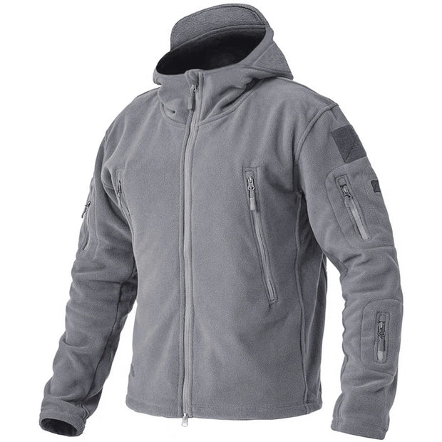 Gray tactical jacket with multiple pockets and zippers on a white background
